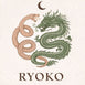 A stylized illustration of two coiled dragons facing each other, one in peach and one in green, with a small crescent moon above and the word 'RYOKO' below on a light textured background.